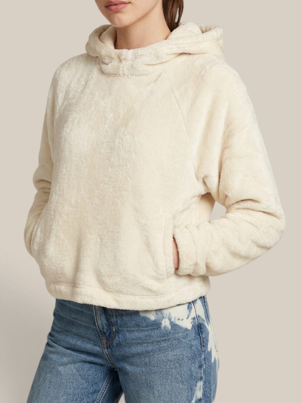 Hollister Faux Fur Cropped Hoodie Ivory Cream Crossover Neck Sz XS